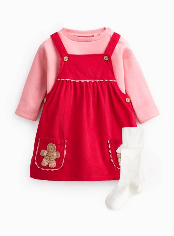 Christmas Cord Pinny Dress, Top & Tights Set 6-9 months